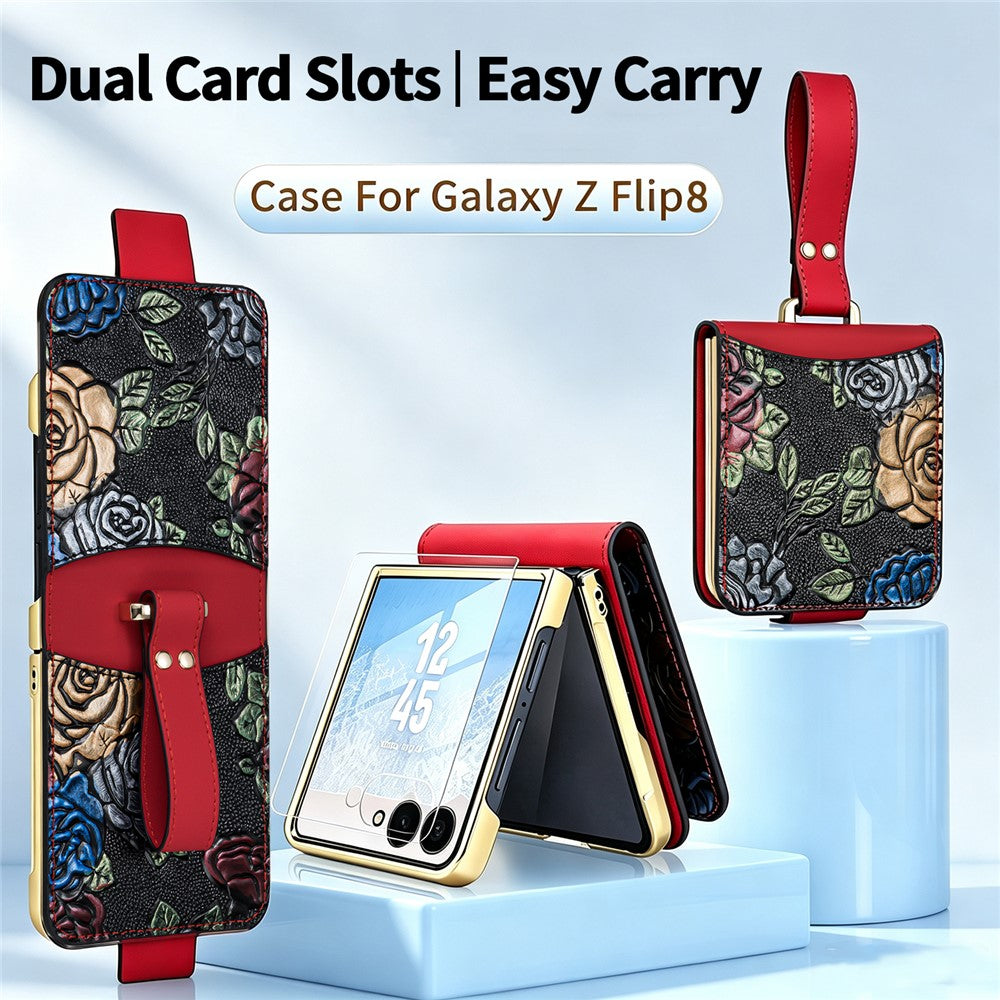 For Samsung Galaxy Z Flip8 Kickstand Case Flower Pattern Leather + PC Phone Cover with Back Film