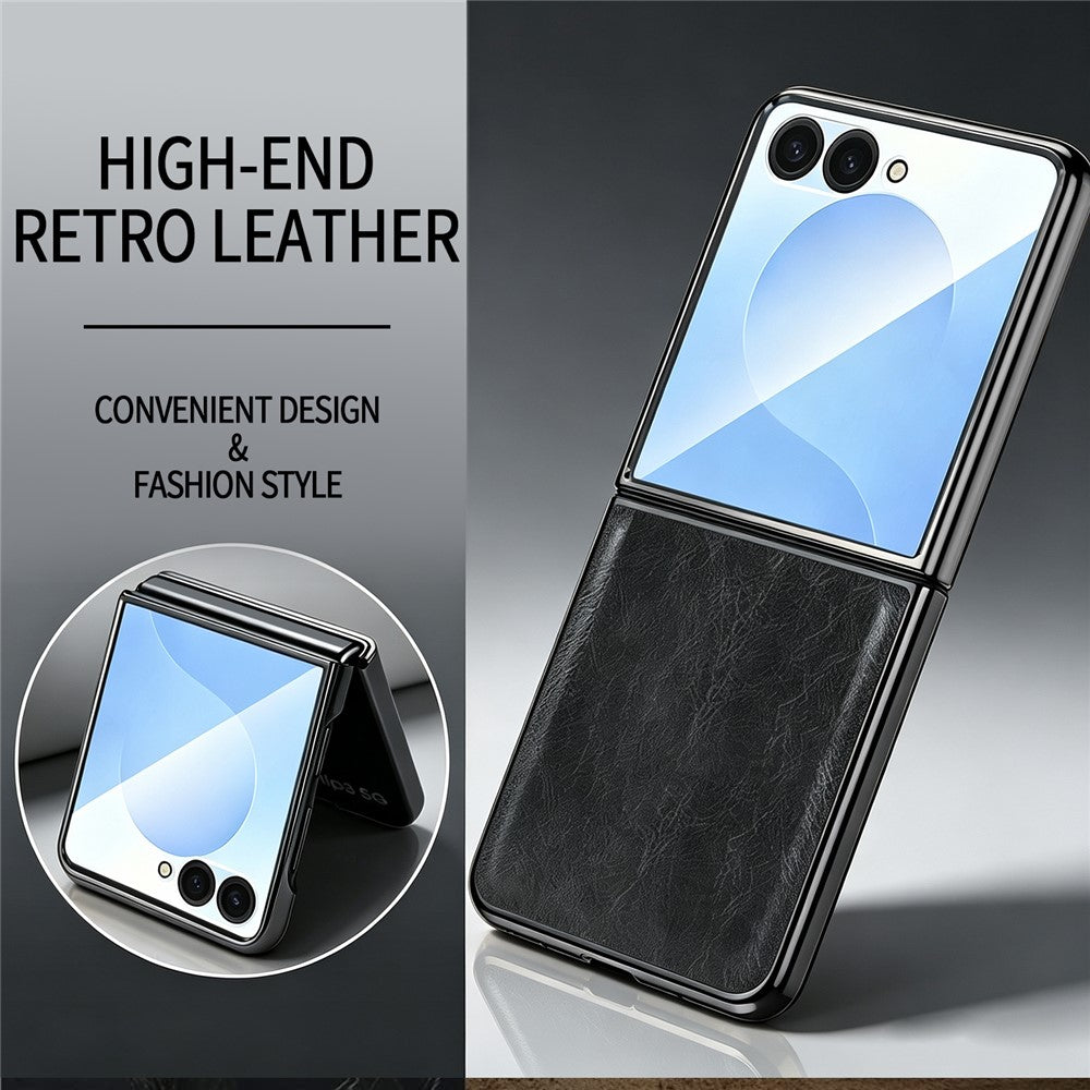 For Samsung Galaxy Z Flip7 5G Case Crazy Horse Texture PU Leather + PC Anti-Slip Phone Cover Built-in Screen Protector
