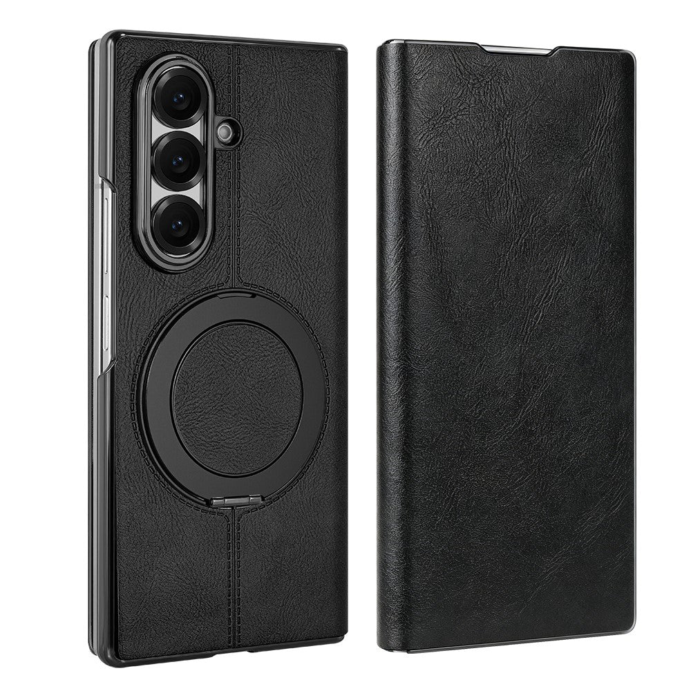 For Samsung Galaxy Z Fold7 5G Case Rotating Magnetic Kickstand PU Leather + PC Foldable Phone Cover