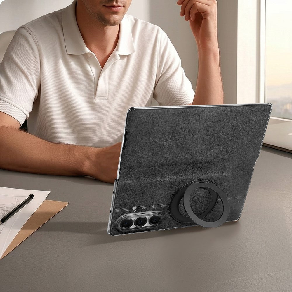 For Samsung Galaxy Z Fold7 5G Case Rotating Magnetic Kickstand PU Leather + PC Foldable Phone Cover