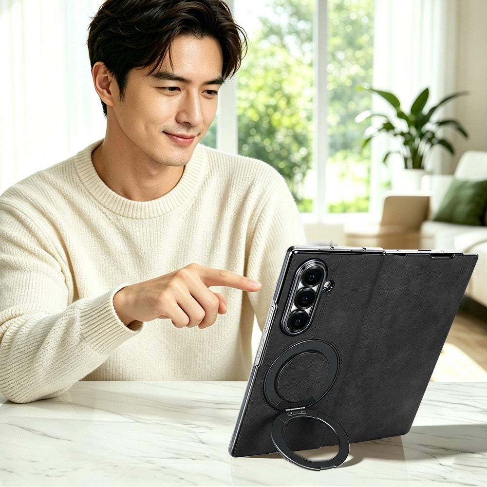 For Samsung Galaxy Z Fold7 5G Case Rotating Magnetic Kickstand PU Leather + PC Foldable Phone Cover