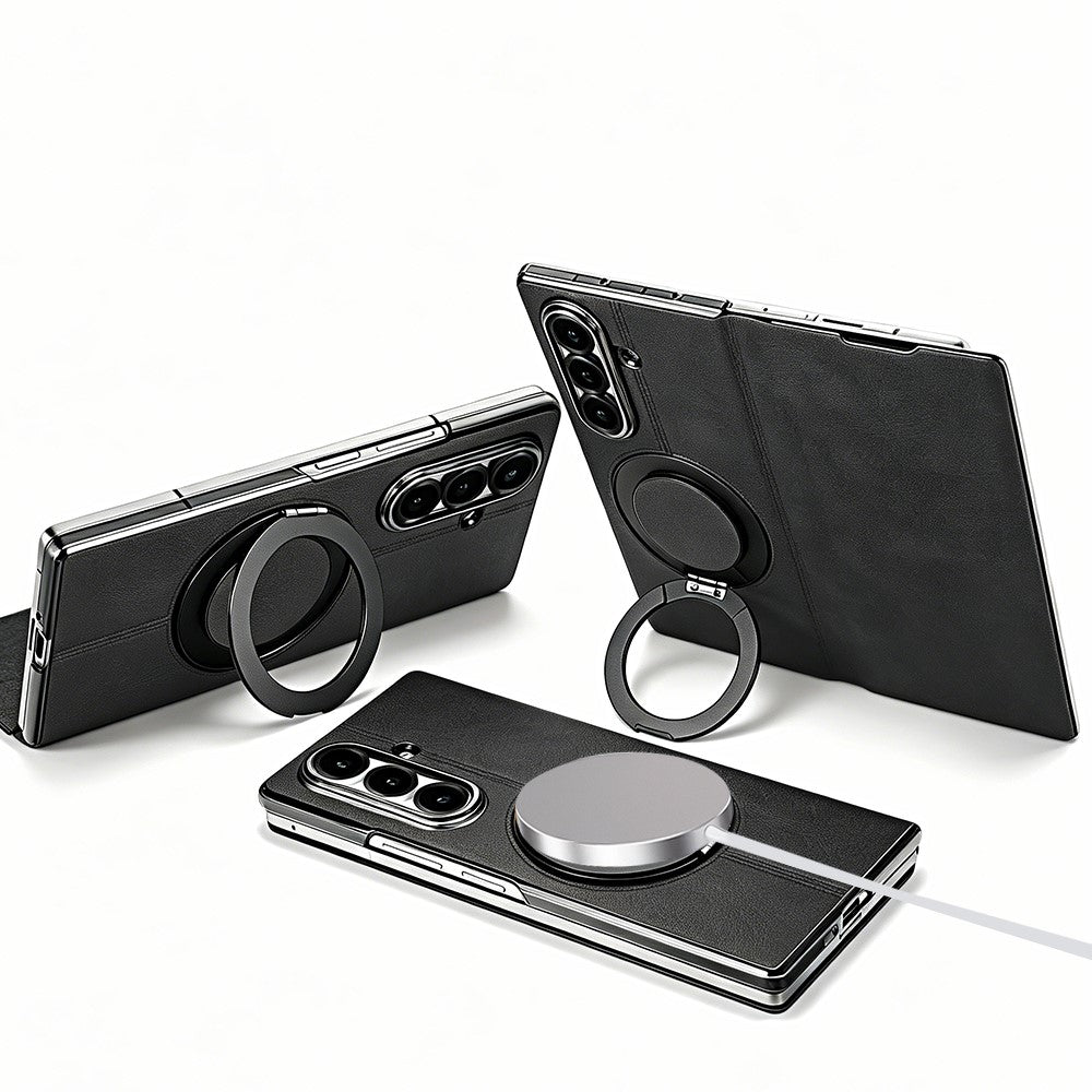 For Samsung Galaxy Z Fold7 5G Case Rotating Magnetic Kickstand PU Leather + PC Foldable Phone Cover