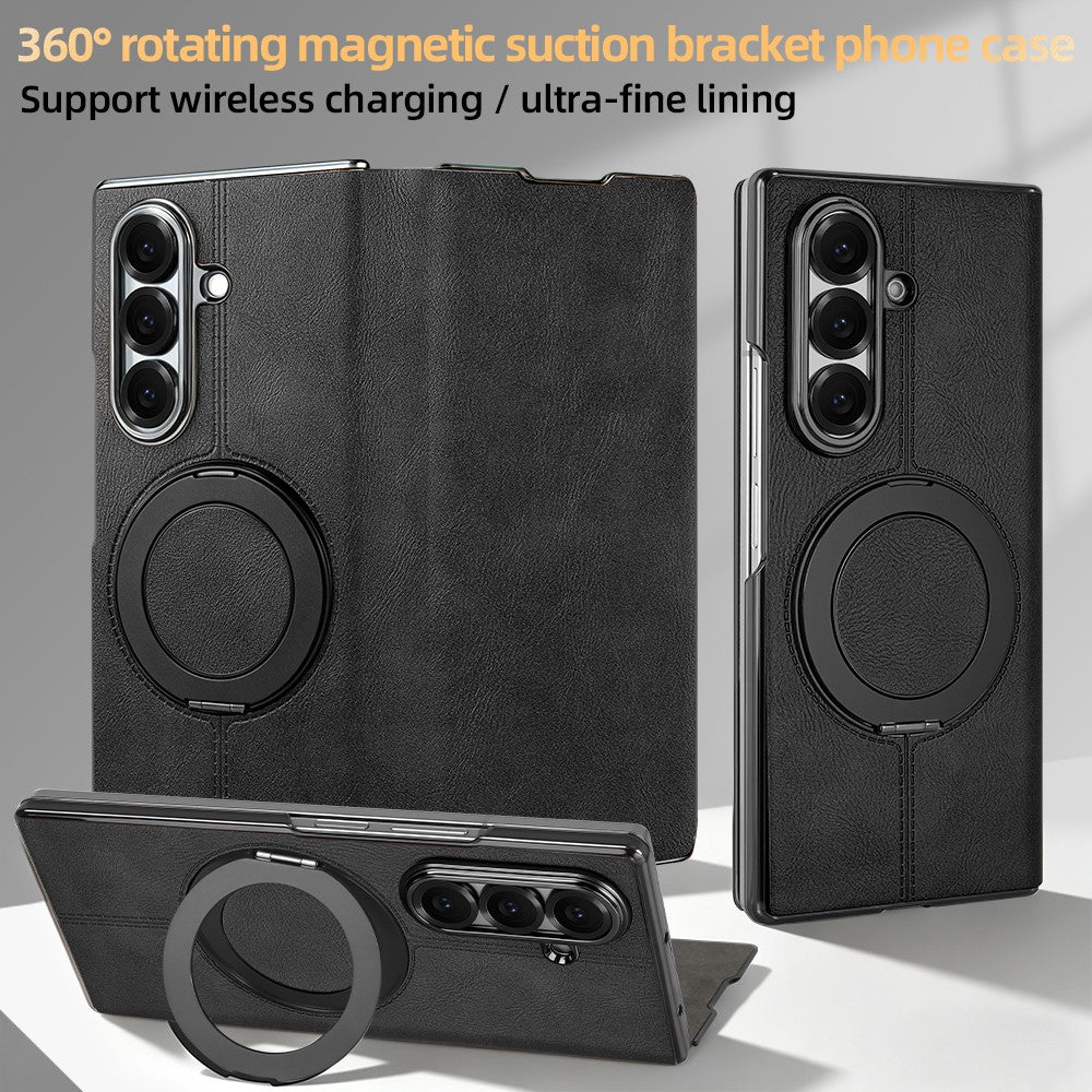 For Samsung Galaxy Z Fold7 5G Case Rotating Magnetic Kickstand PU Leather + PC Foldable Phone Cover