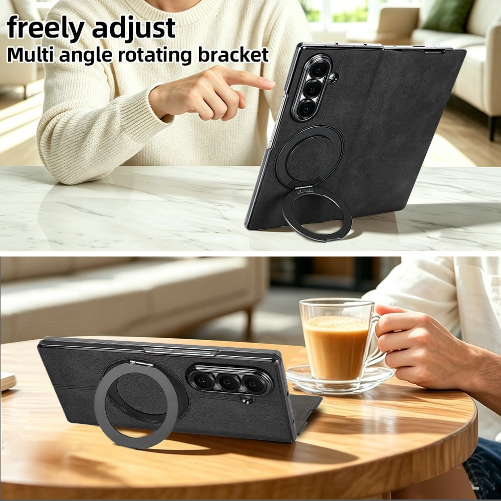 For Samsung Galaxy Z Fold7 5G Case Rotating Magnetic Kickstand PU Leather + PC Foldable Phone Cover