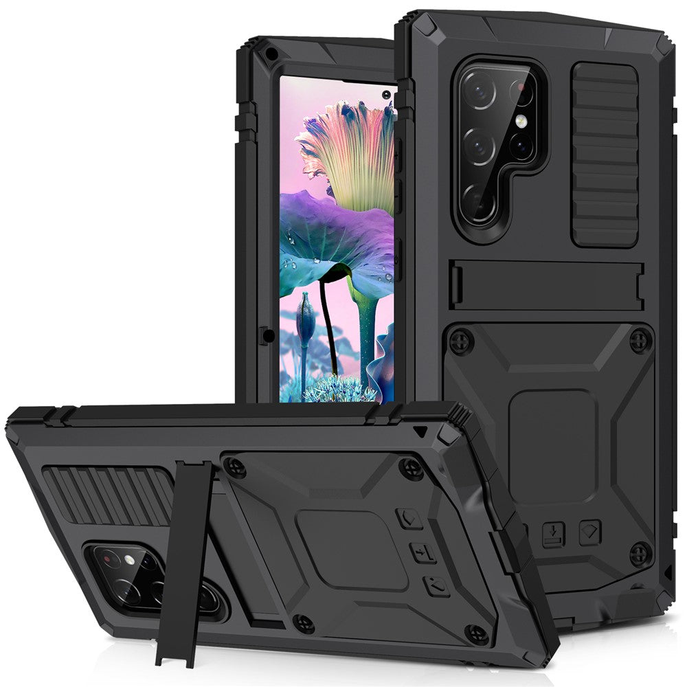 R-JUST For Samsung Galaxy S23 Ultra Waterproof Drop-proof Case Kickstand Back Cover with Tempered Glass
