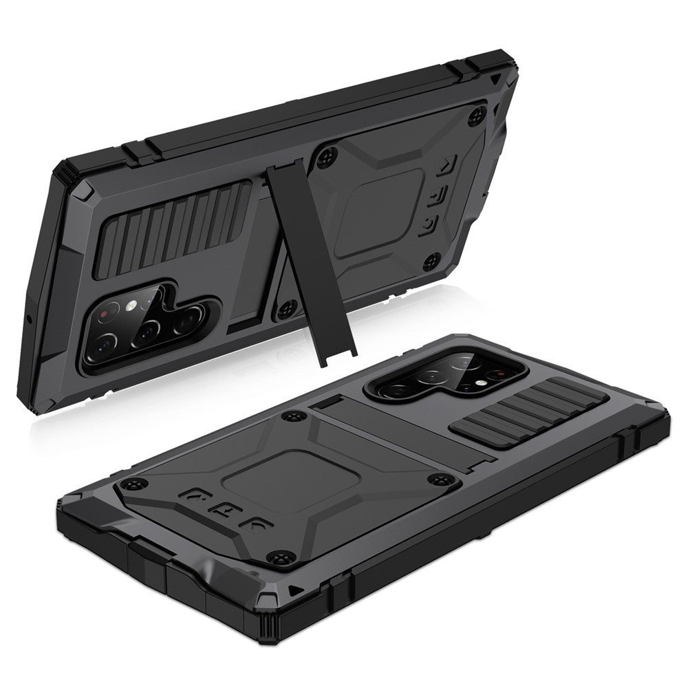 R-JUST For Samsung Galaxy S23 Ultra Waterproof Drop-proof Case Kickstand Back Cover with Tempered Glass