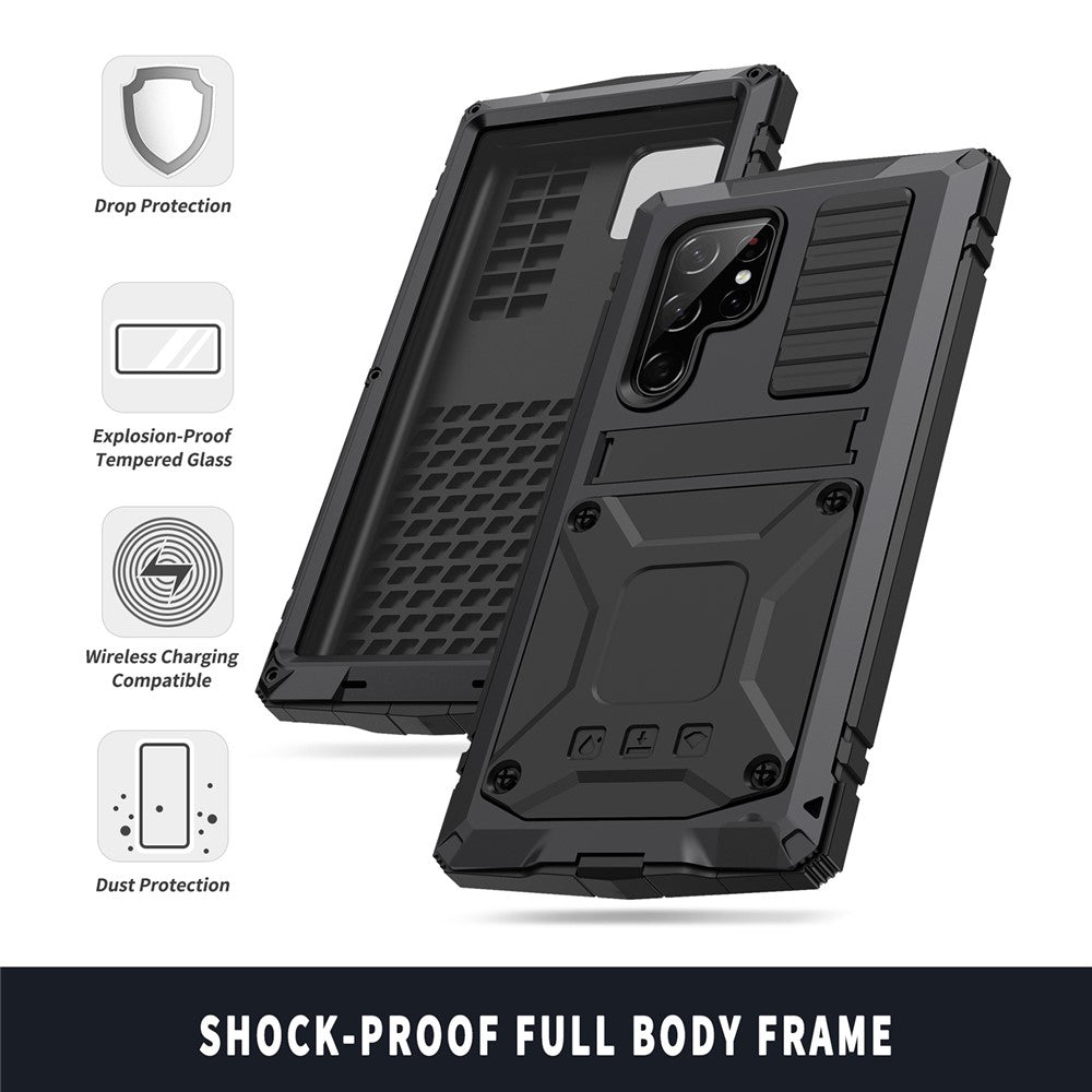 R-JUST For Samsung Galaxy S23 Ultra Waterproof Drop-proof Case Kickstand Back Cover with Tempered Glass