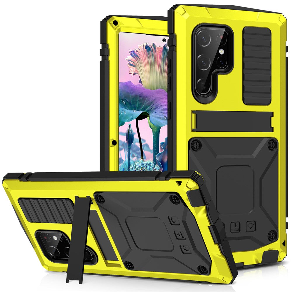R-JUST For Samsung Galaxy S23 Ultra Waterproof Drop-proof Case Kickstand Back Cover with Tempered Glass