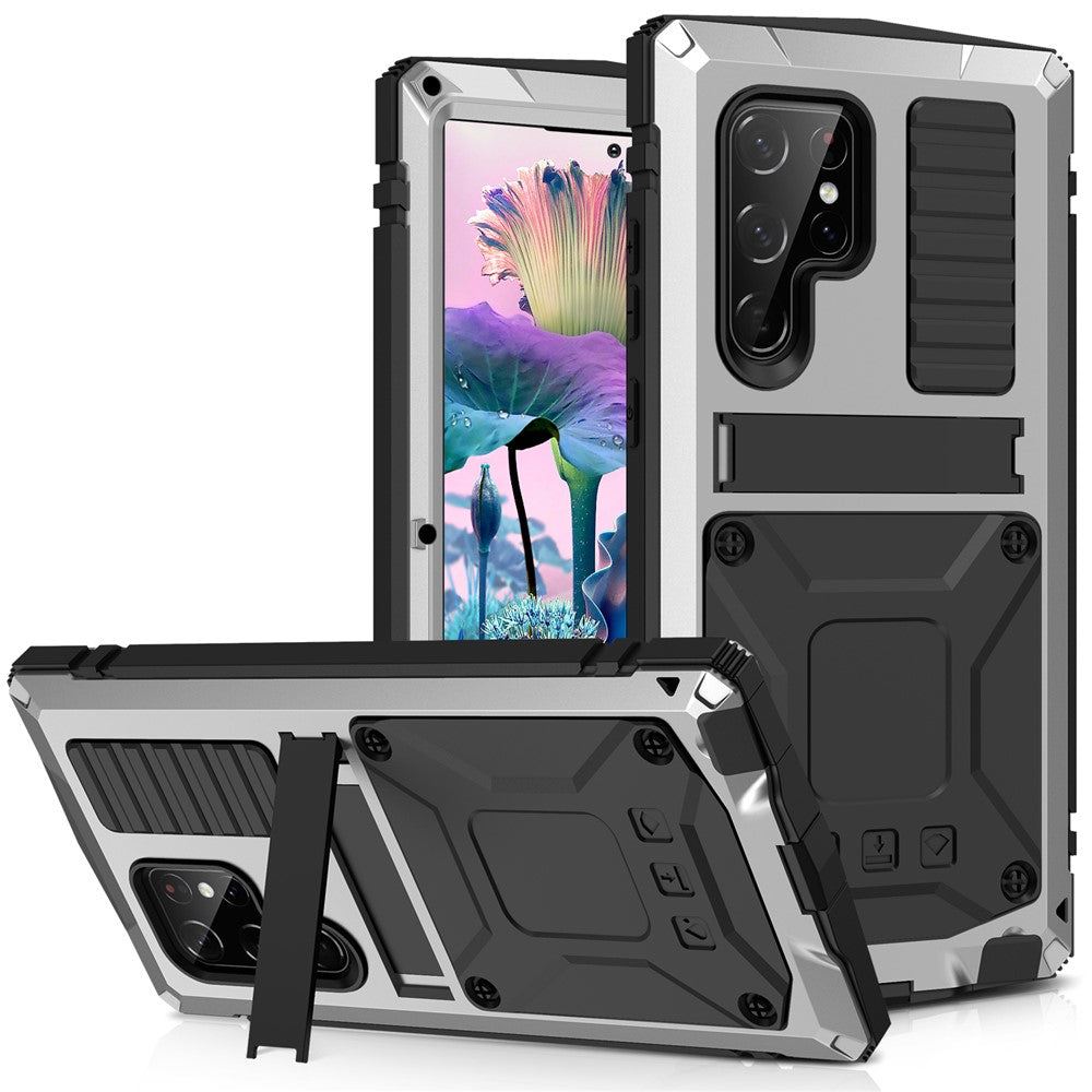R-JUST For Samsung Galaxy S23 Ultra Waterproof Drop-proof Case Kickstand Back Cover with Tempered Glass