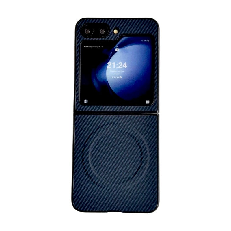 WANLONFENG for Samsung Galaxy Z Flip5 5G TQ Series Magnetic Case Carbon Fiber Texture PC TPU Phone Cover (Big Lens Hole)