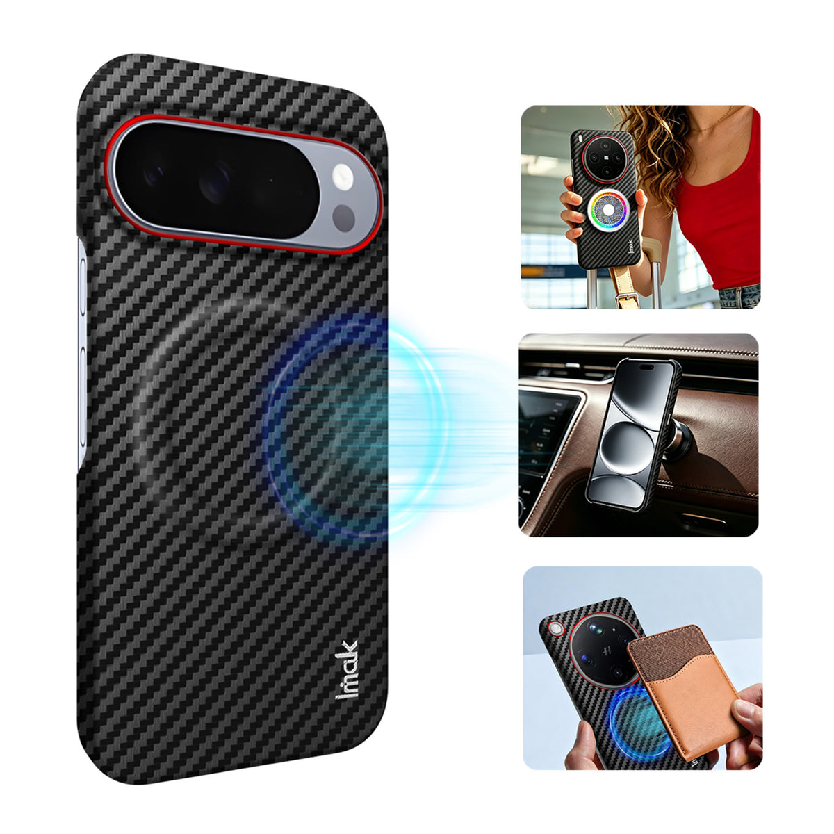 IMAK til Google Pixel 10 Pro / Google Pixel 10 Ruiyi Series Magnetisk Cover Kulfibertekstur Læder + PC Telefoncover