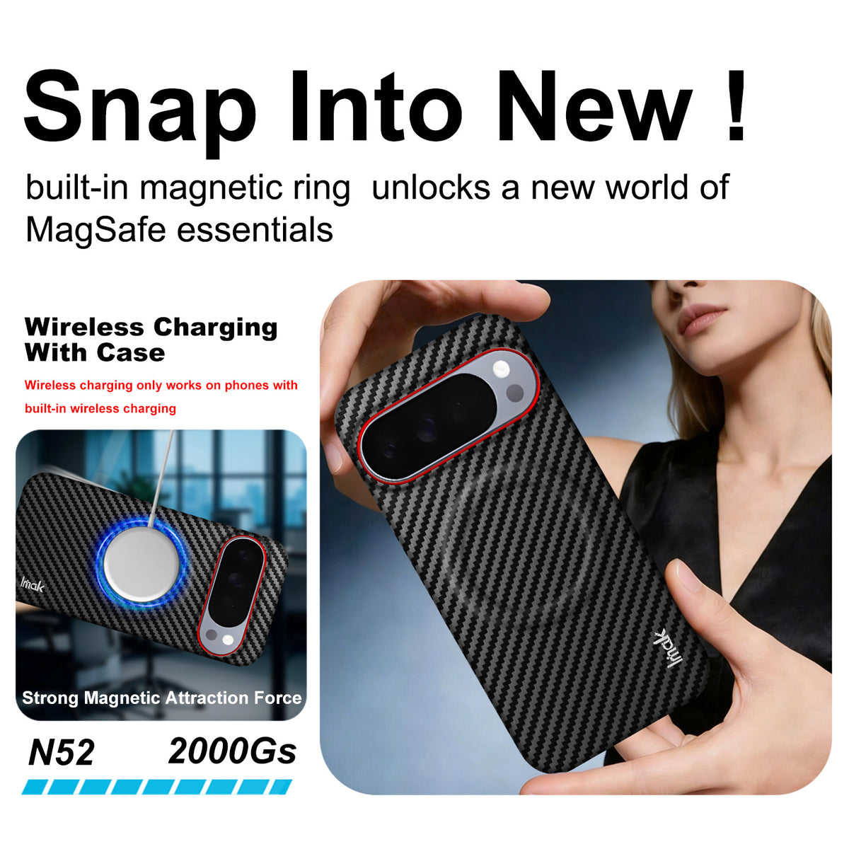 IMAK til Google Pixel 10 Pro / Google Pixel 10 Ruiyi Series Magnetisk Cover Kulfibertekstur Læder + PC Telefoncover