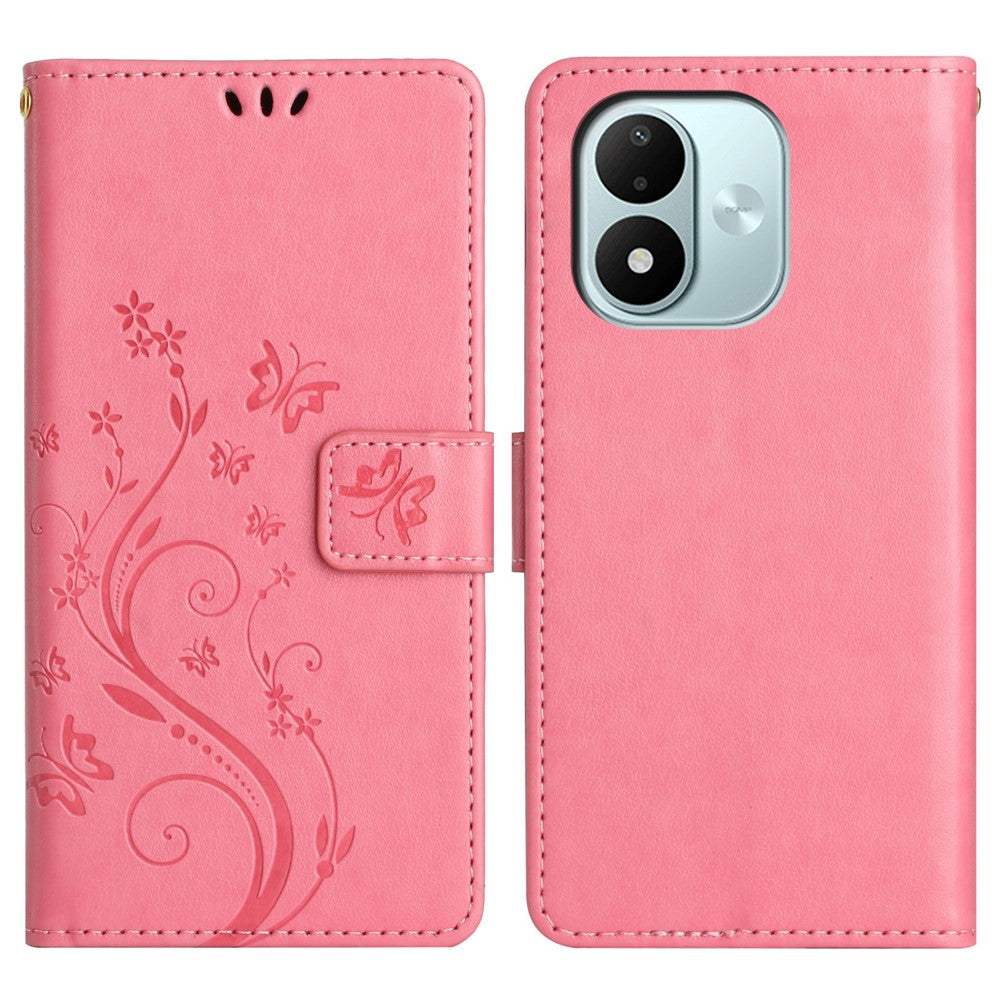 Xiaomi Redmi Note 17 4G (Global) / Note 17 5G (Global) / Note 17 (Indien/Kina) 5G Läderplånboksfodral med fjärilsblomma och rem