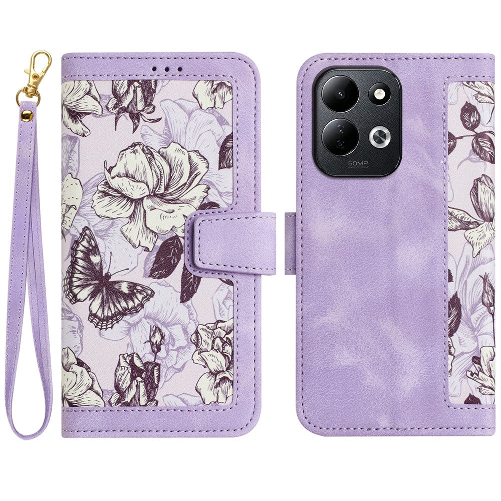 Xiaomi Redmi 17 5G / Redmi 17 4G-skal PU-läder blommigt mobilskal med kortplatser och handledsrem
