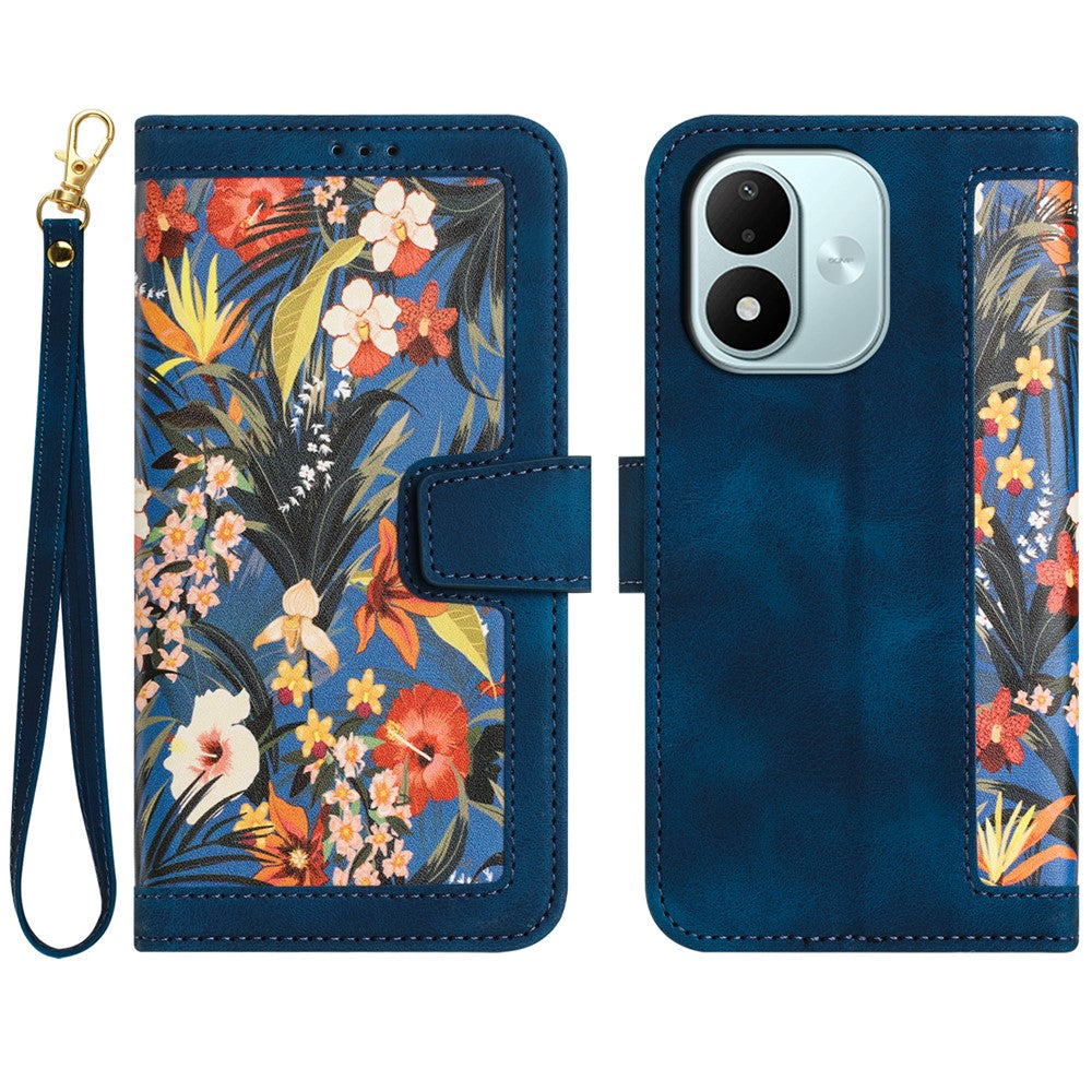Xiaomi Redmi Note 17 4G (Global) / Note 17 5G (Global) / Note 17 (Indien/Kina) 5G-skal, PU-läder, blommigt mobilfodral med kortplatser och handledsrem