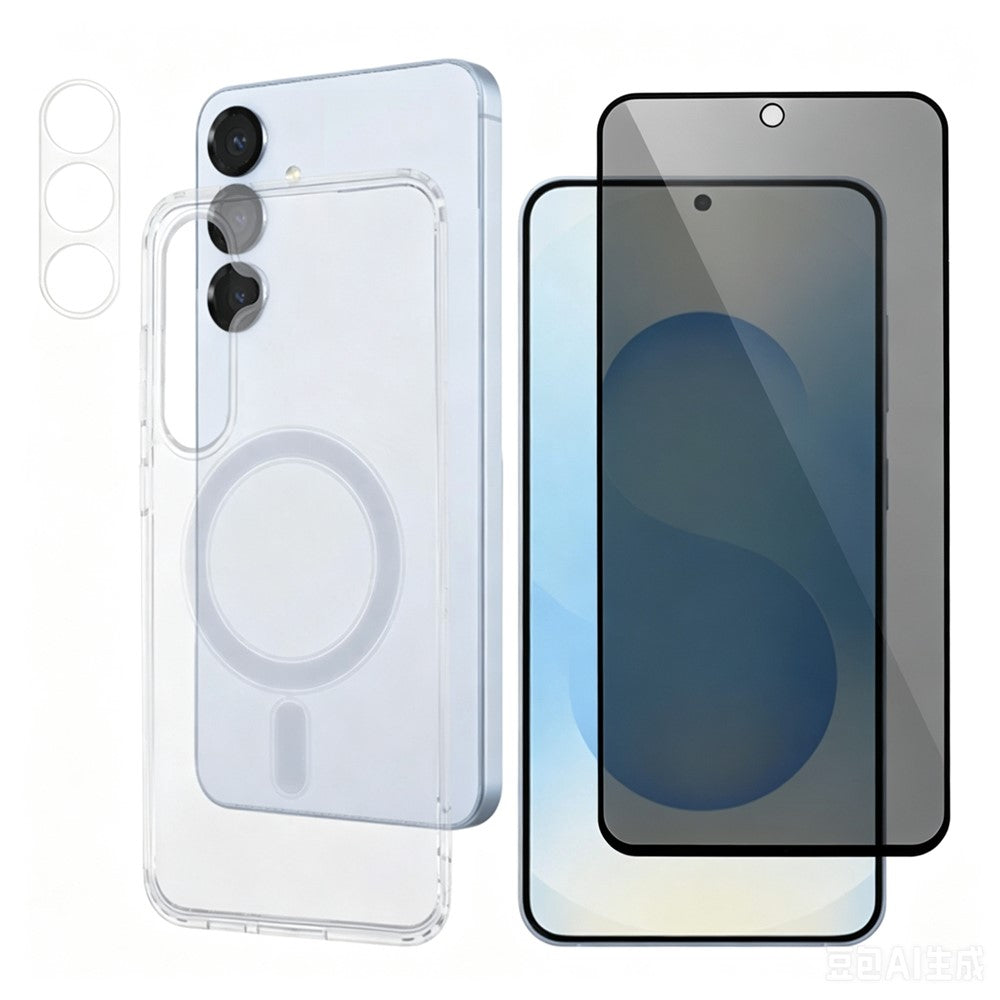 Til Samsung Galaxy S25+ Magnetisk Cover TPU + Akryl Telefoncover med 180° Anti-Spy Skærmfilm + Klar Linsefilm
