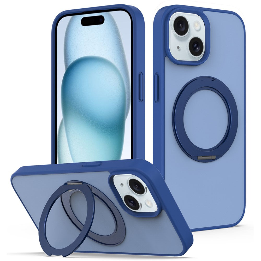 For iPhone 15 Case with Rotating Magnetic Kickstand PC + TPU Skin-Touch Phone Cover