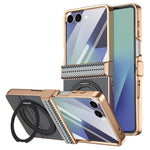 For Samsung Galaxy Z Flip7 5G Case Magnetic Rotating Kickstand Aramid Fiber Texture Leather + PC Phone Cover with HD Screen Protector