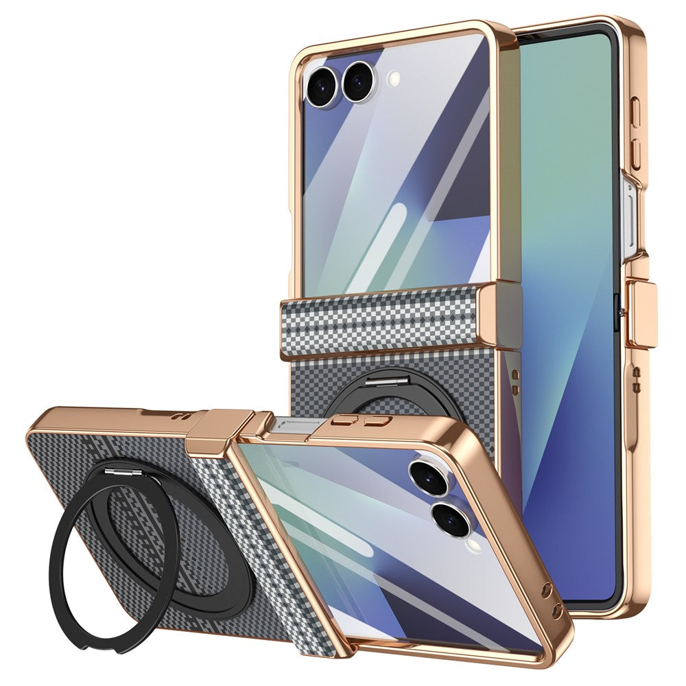 For Samsung Galaxy Z Flip7 5G Case Magnetic Rotating Kickstand Aramid Fiber Texture Leather + PC Phone Cover with HD Screen Protector