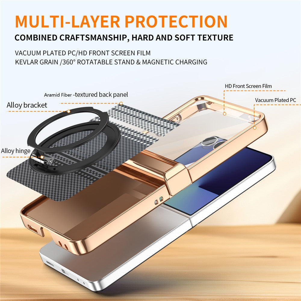 For Samsung Galaxy Z Flip7 5G Case Magnetic Rotating Kickstand Aramid Fiber Texture Leather + PC Phone Cover with HD Screen Protector