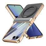For Samsung Galaxy Z Flip7 5G Case Magnetic Rotating Kickstand Aramid Fiber Texture Leather + PC Phone Cover with HD Screen Protector