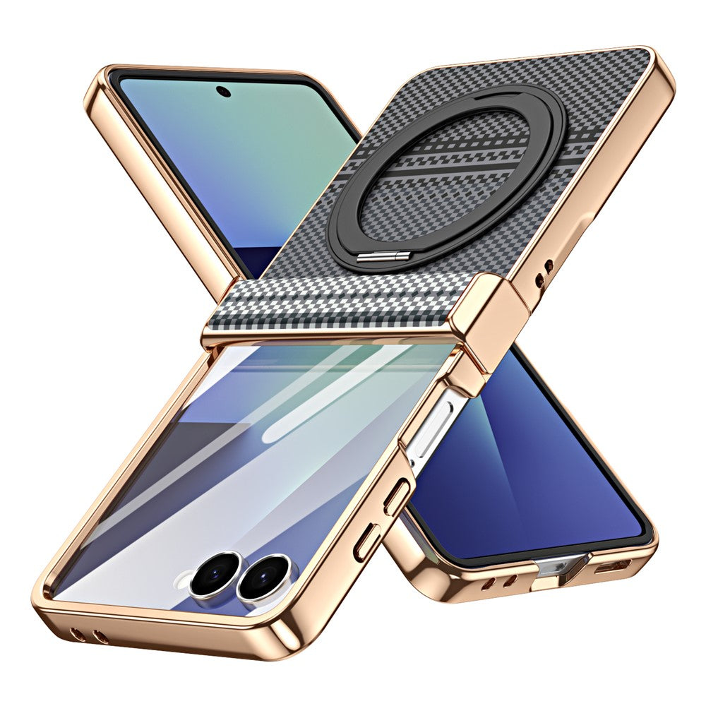 For Samsung Galaxy Z Flip7 5G Case Magnetic Rotating Kickstand Aramid Fiber Texture Leather + PC Phone Cover with HD Screen Protector