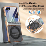 For Samsung Galaxy Z Flip7 5G Case Magnetic Rotating Kickstand Aramid Fiber Texture Leather + PC Phone Cover with HD Screen Protector