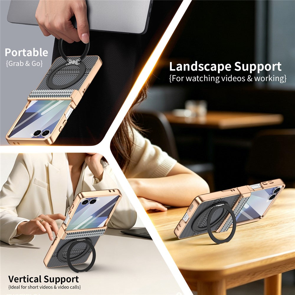 For Samsung Galaxy Z Flip7 5G Case Magnetic Rotating Kickstand Aramid Fiber Texture Leather + PC Phone Cover with HD Screen Protector