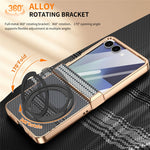 For Samsung Galaxy Z Flip7 5G Case Magnetic Rotating Kickstand Aramid Fiber Texture Leather + PC Phone Cover with HD Screen Protector