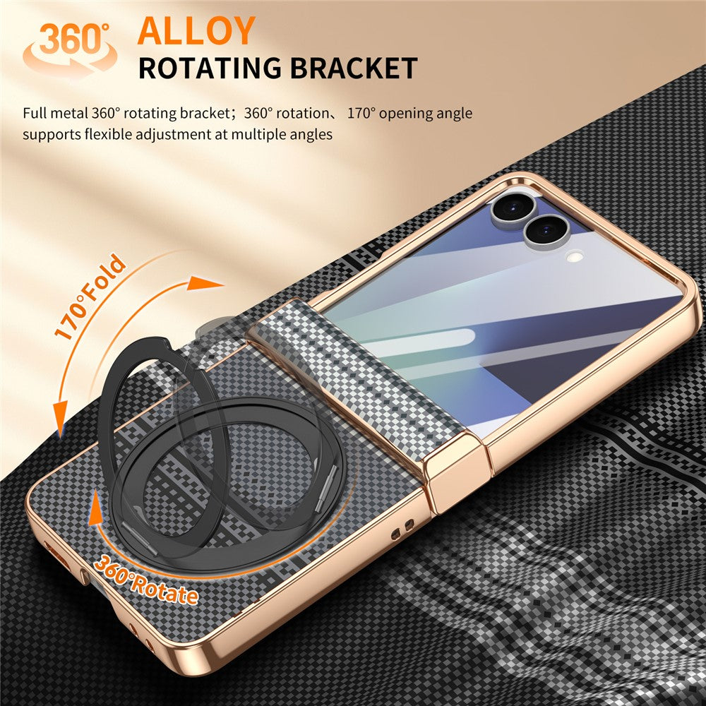 For Samsung Galaxy Z Flip7 5G Case Magnetic Rotating Kickstand Aramid Fiber Texture Leather + PC Phone Cover with HD Screen Protector