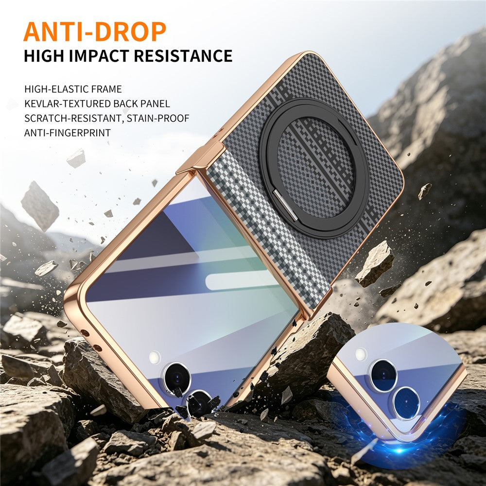 For Samsung Galaxy Z Flip7 5G Case Magnetic Rotating Kickstand Aramid Fiber Texture Leather + PC Phone Cover with HD Screen Protector
