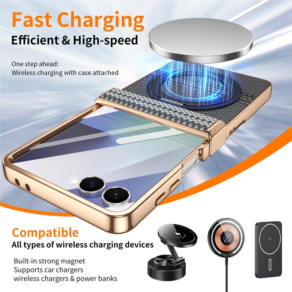 For Samsung Galaxy Z Flip7 5G Case Magnetic Rotating Kickstand Aramid Fiber Texture Leather + PC Phone Cover with HD Screen Protector