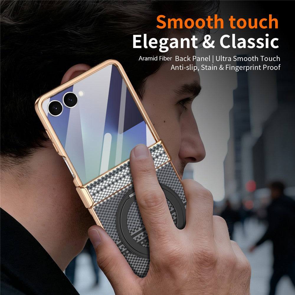 For Samsung Galaxy Z Flip7 5G Case Magnetic Rotating Kickstand Aramid Fiber Texture Leather + PC Phone Cover with HD Screen Protector