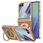 For Samsung Galaxy Z Flip7 5G Case Magnetic Rotating Kickstand Aramid Fiber Texture Leather + PC Phone Cover with HD Screen Protector