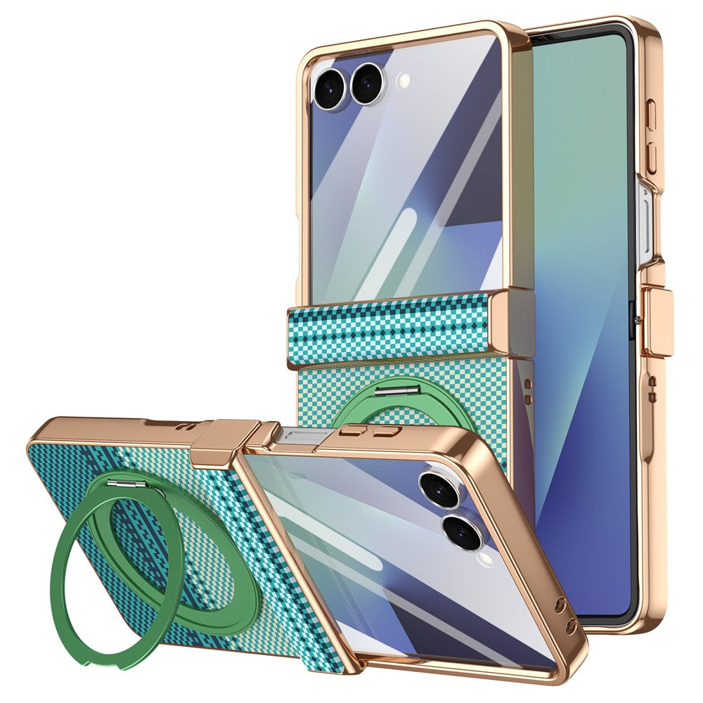 For Samsung Galaxy Z Flip7 5G Case Magnetic Rotating Kickstand Aramid Fiber Texture Leather + PC Phone Cover with HD Screen Protector