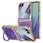 For Samsung Galaxy Z Flip7 5G Case Magnetic Rotating Kickstand Aramid Fiber Texture Leather + PC Phone Cover with HD Screen Protector