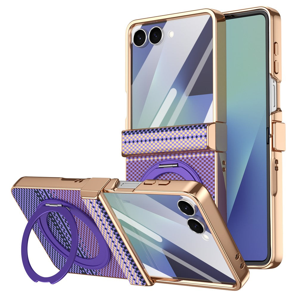 For Samsung Galaxy Z Flip7 5G Case Magnetic Rotating Kickstand Aramid Fiber Texture Leather + PC Phone Cover with HD Screen Protector