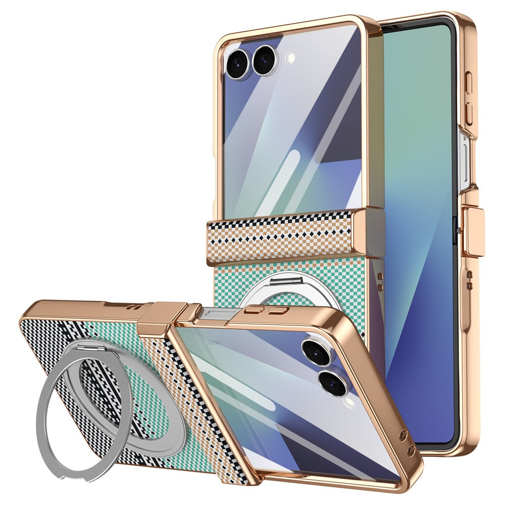 For Samsung Galaxy Z Flip7 5G Case Magnetic Rotating Kickstand Aramid Fiber Texture Leather + PC Phone Cover with HD Screen Protector