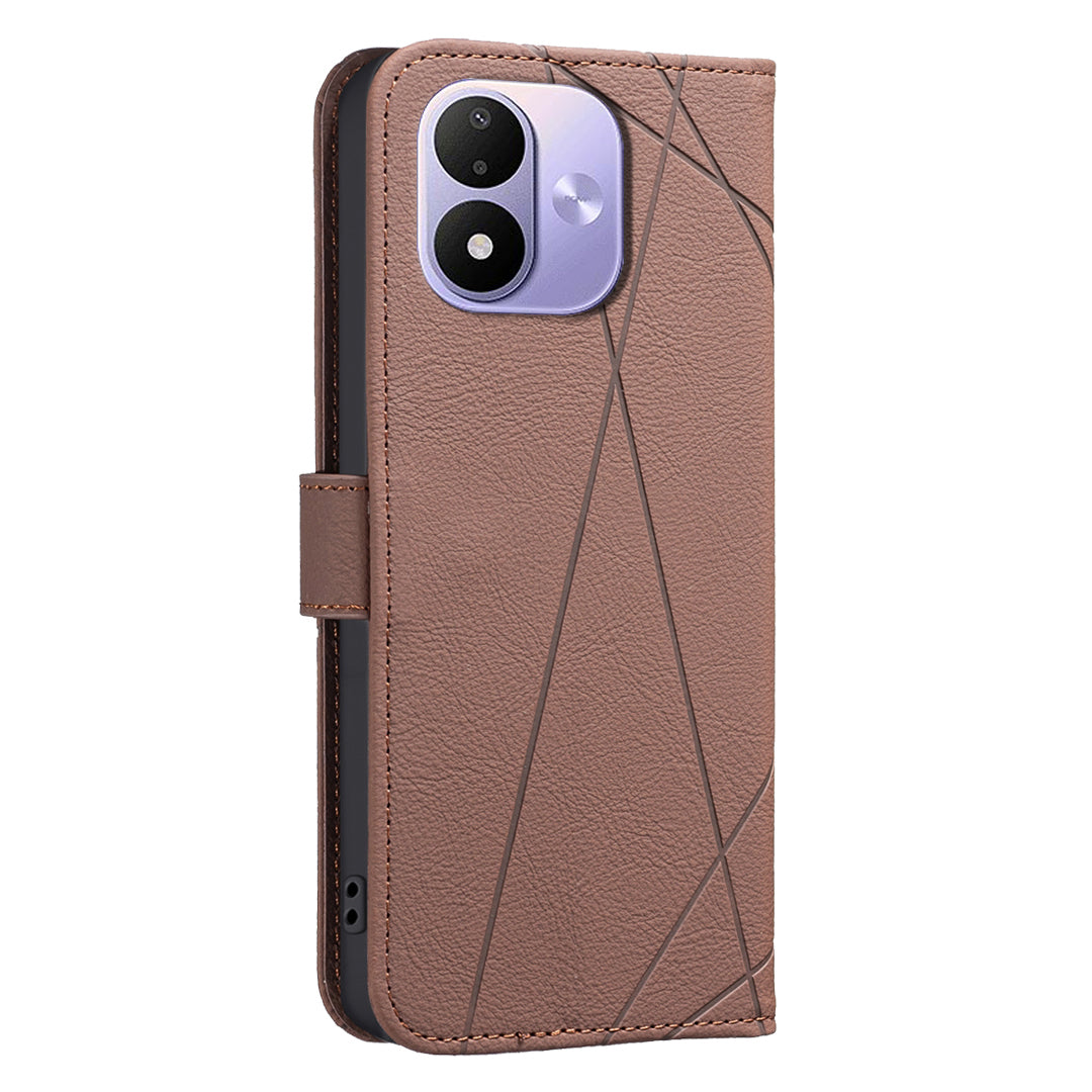 BINFEN COLOR for Xiaomi Redmi Note 17 4G (Global) / Note 17 5G (Global) / Note 17 (India / China) 5G BF35 Case Geometry Imprinted Leather Phone Cover RFID Blocking Wallet Stand