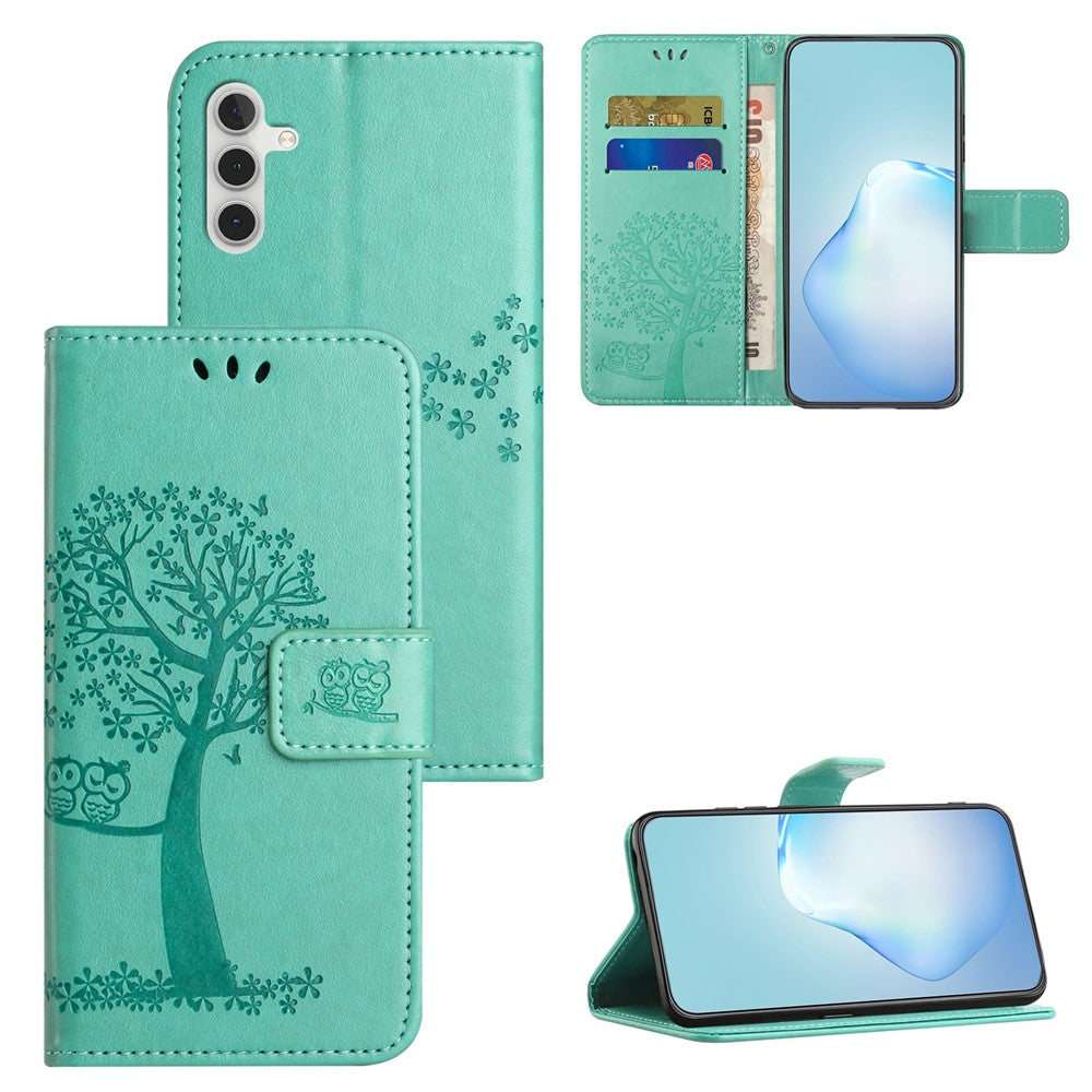 For Samsung Galaxy A34 5G Imprinted Owl Tree Pattern Stand Wallet Case PU Leather Full Protection Phone Cover