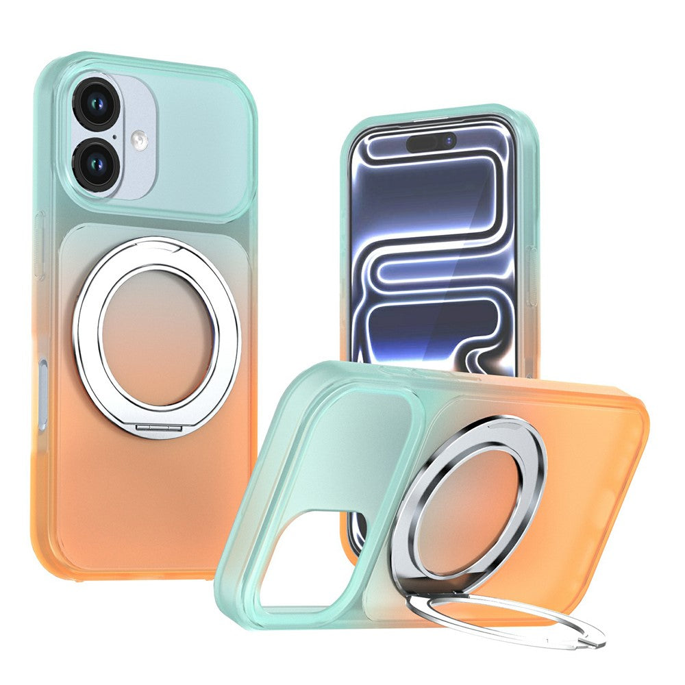 For iPhone 16 Magnetic Case Rotary Kickstand Gradient Color PC + TPU Phone Cover