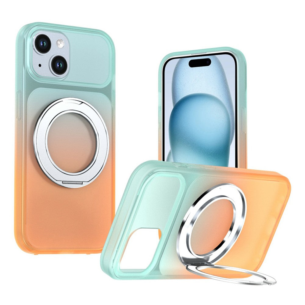 For iPhone 15 Magnetic Case Rotary Kickstand Gradient Color PC + TPU Phone Cover