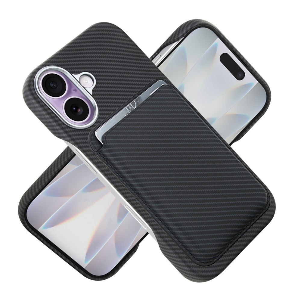 For iPhone 16 Magnetic Case with Detachable Card Holder Carbon Fiber Texture Leather + PC Phone Cover