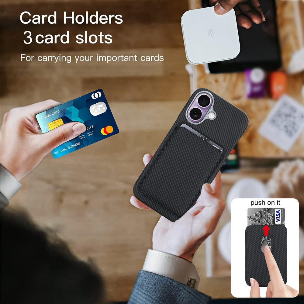 For iPhone 16 Magnetic Case with Detachable Card Holder Carbon Fiber Texture Leather + PC Phone Cover