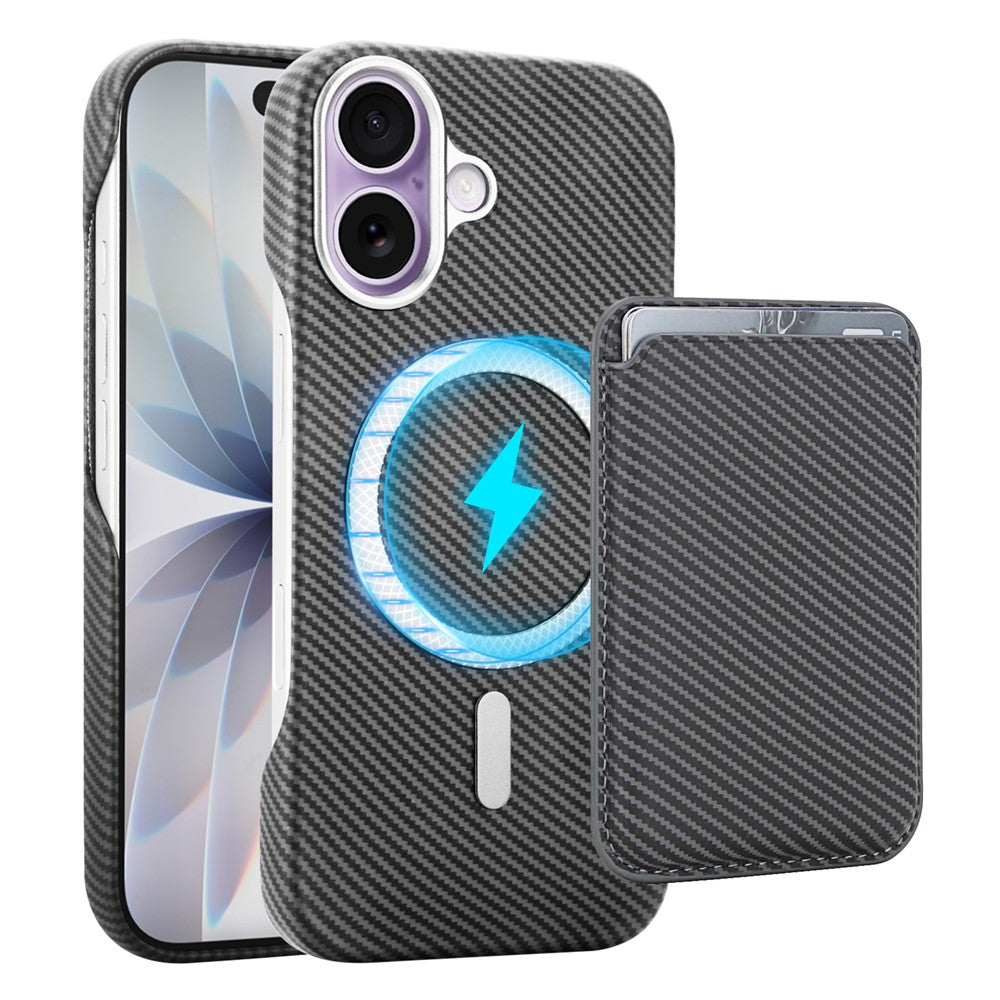 For iPhone 16 Magnetic Case with Detachable Card Holder Carbon Fiber Texture Leather + PC Phone Cover