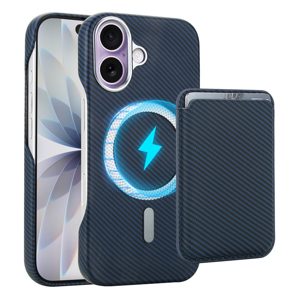 For iPhone 16 Magnetic Case with Detachable Card Holder Carbon Fiber Texture Leather + PC Phone Cover