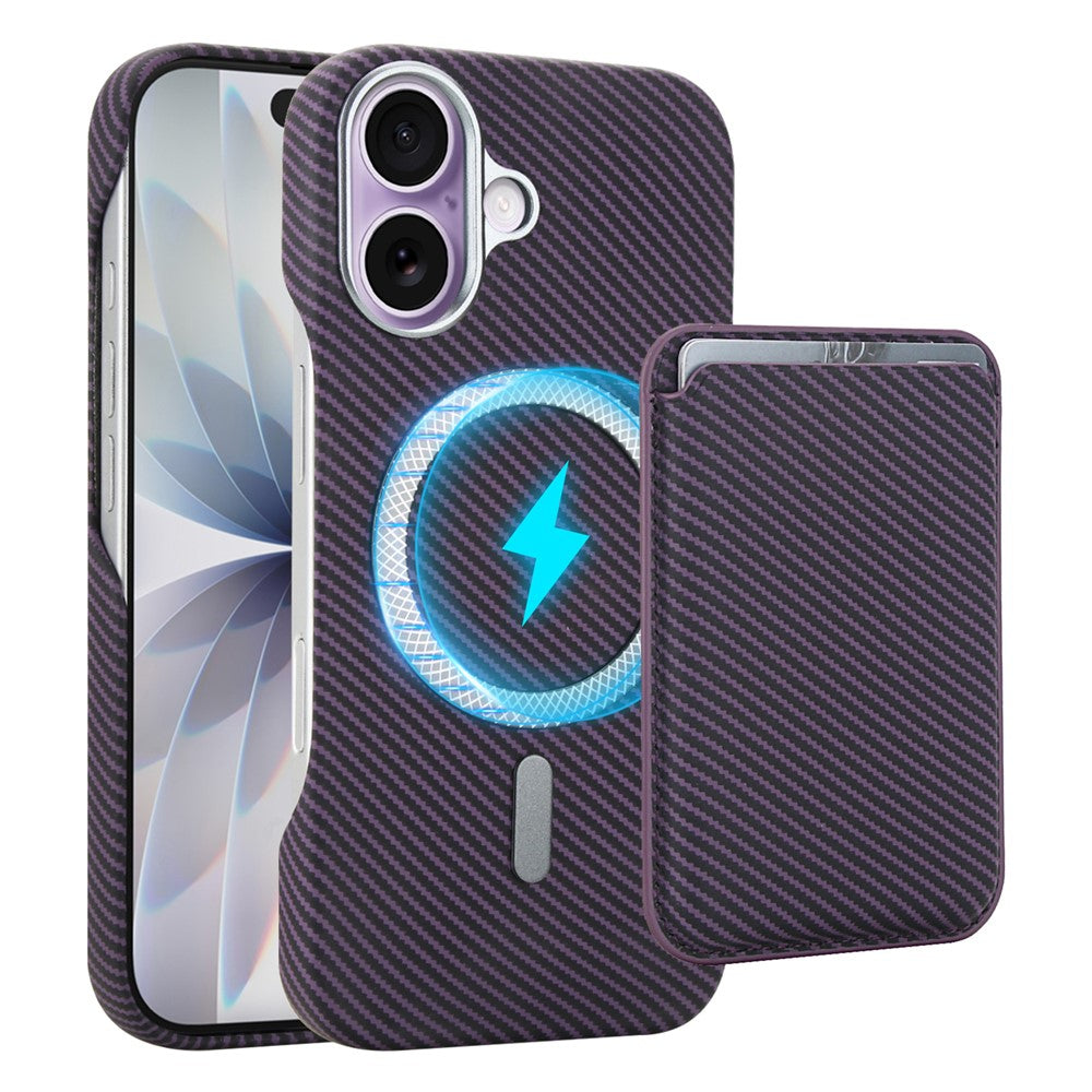 For iPhone 16 Magnetic Case with Detachable Card Holder Carbon Fiber Texture Leather + PC Phone Cover