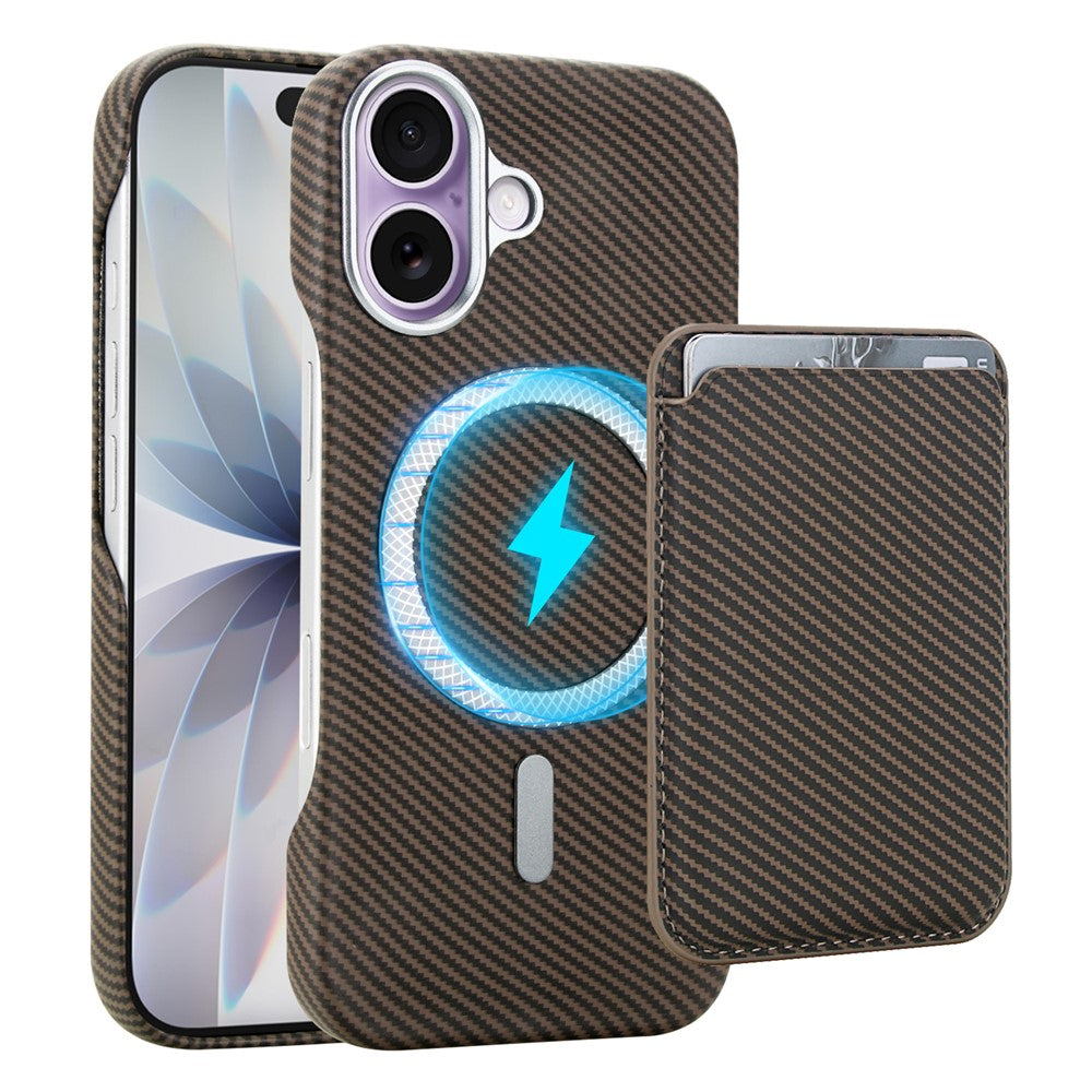 For iPhone 16 Magnetic Case with Detachable Card Holder Carbon Fiber Texture Leather + PC Phone Cover