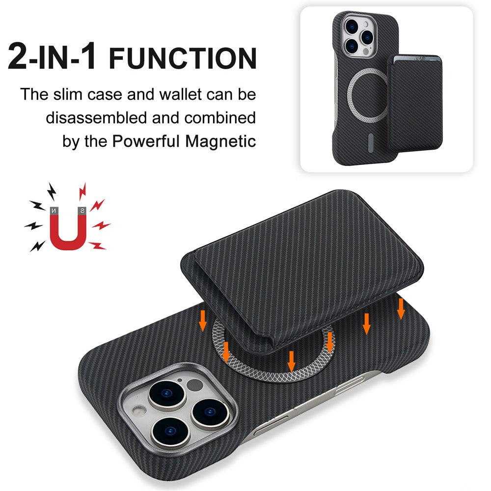 For iPhone 16 Pro Max Magnetic Case with Detachable Card Holder Carbon Fiber Texture Leather + PC Phone Cover