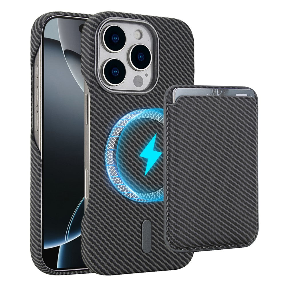 For iPhone 16 Pro Max Magnetic Case with Detachable Card Holder Carbon Fiber Texture Leather + PC Phone Cover